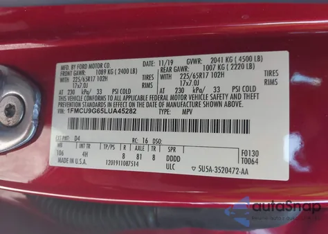 2020 Ford Escape Se from USA, damaged, VIN 1FMCU9G65LUA45282